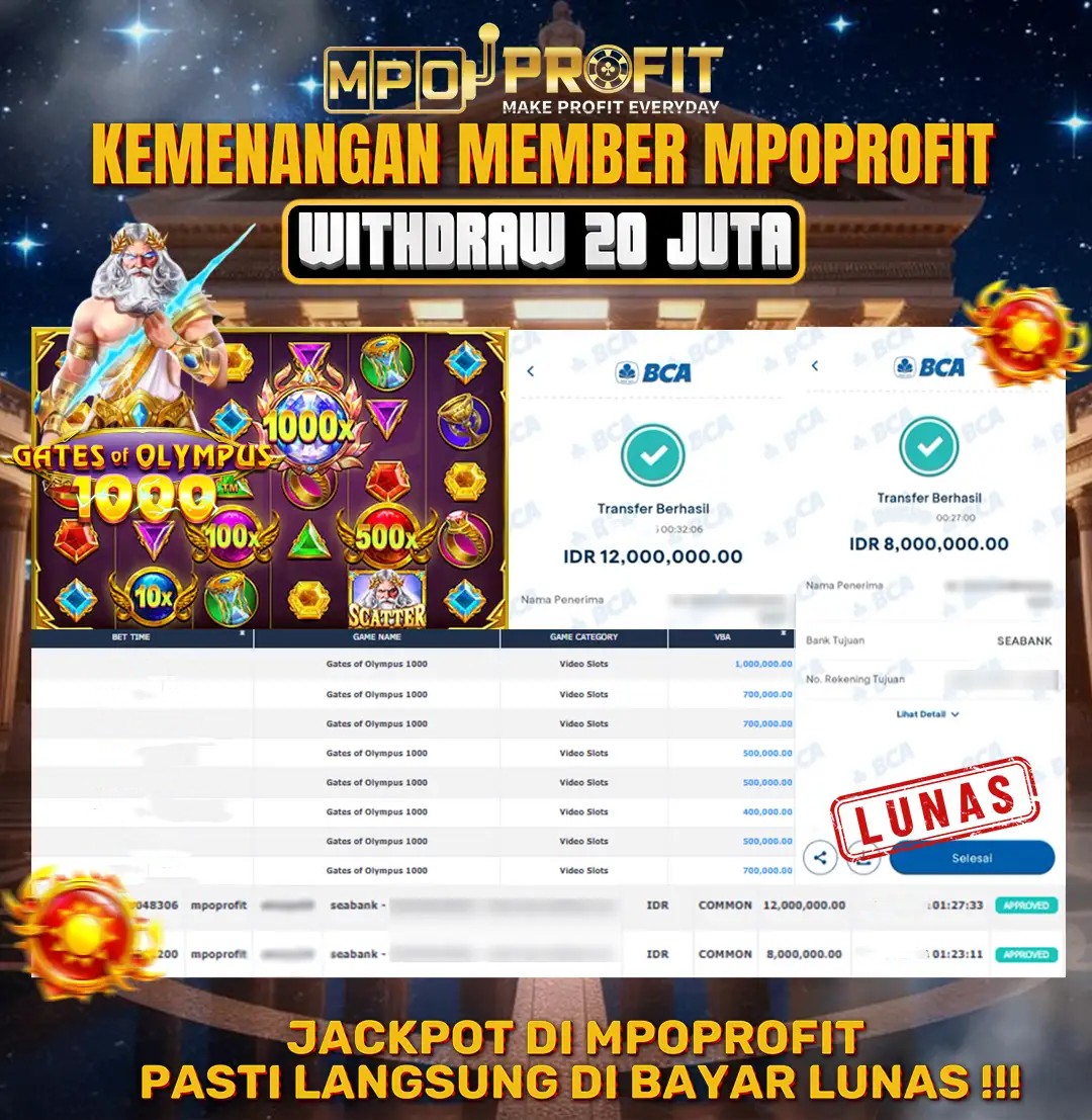 MPOPROFIT JACKPOT SLOT PRAGMATIC PLAY! KEMENANGAN MURNI DI (GATES OF OLYMPUS 1000 TOTAL RP 20.000.000,- LUNAS)